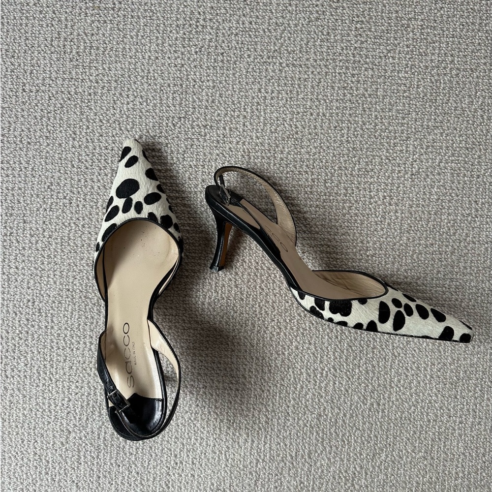 Chic Black and White Polka Dot Pony Hair Slingback Heels